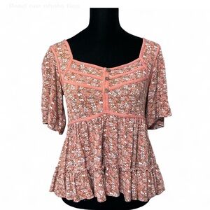 REWIND Coral Floral Peplum With Ruffles Blouse 100% Rayon XS Exellent Condition.